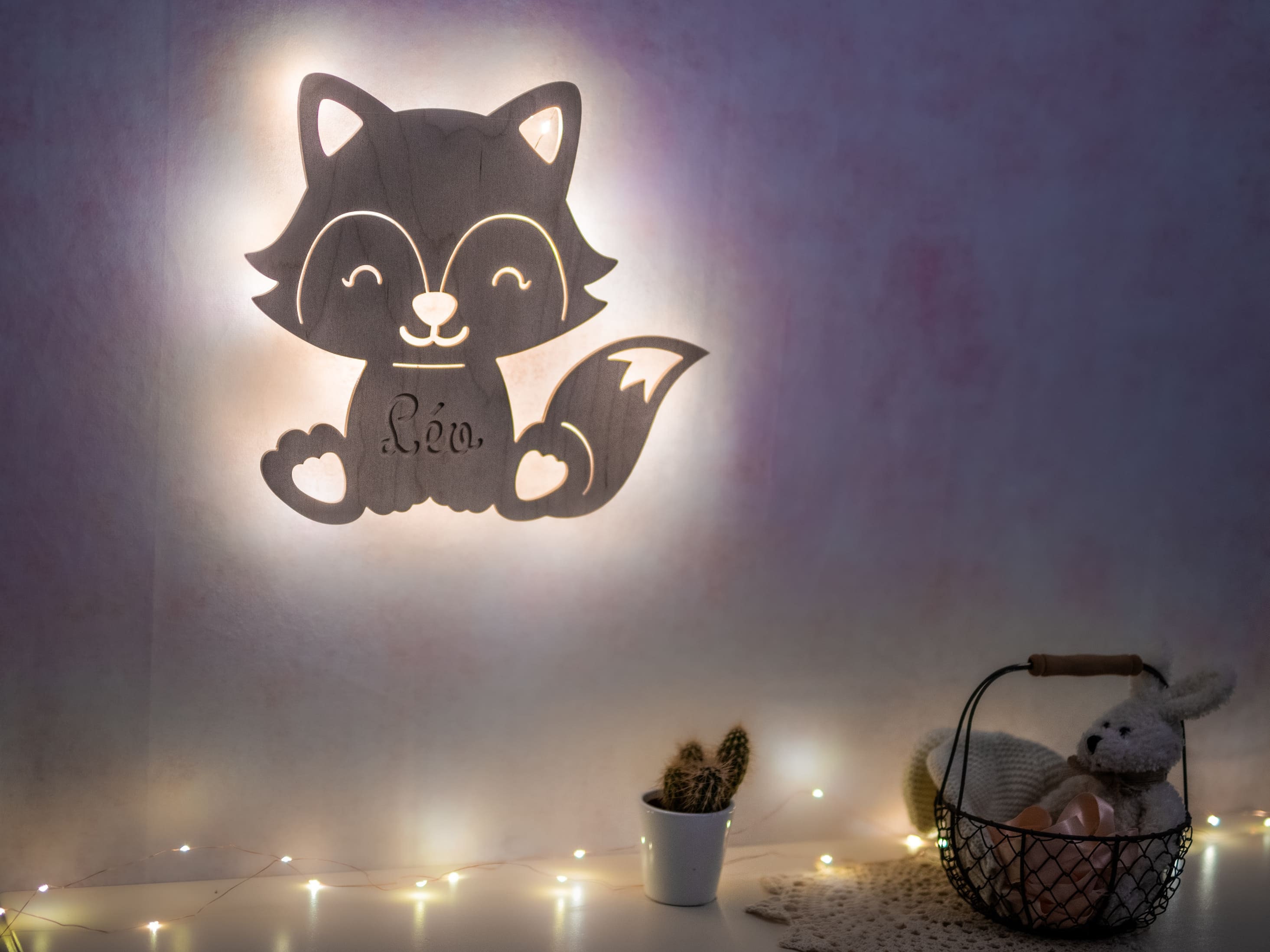 Veilleuse Renard Personnalisée en Bois - Guirlande Leds