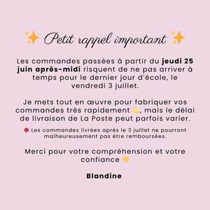 May include: A pink background with the text "Petit rappel important" and a message about order delivery times. The text is in French and includes the name "Blandine" at the bottom.