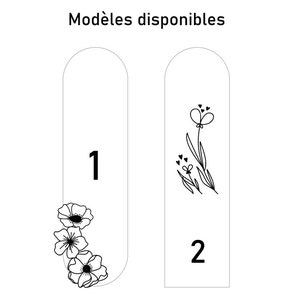 Puede incluir: Dos dise&ntilde;os blancos con parte superior arqueada con ilustraciones florales negras. Uno presenta tres flores detalladas, el otro un delicado dise&ntilde;o floral con corazones. El texto "Mod&egrave;les disponibles" est&aacute; en la parte superior, con los n&uacute;meros 1 y 2 debajo.