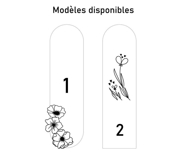 Puede incluir: Dos dise&ntilde;os blancos con parte superior arqueada con ilustraciones florales negras. Uno presenta tres flores detalladas, el otro un delicado dise&ntilde;o floral con corazones. El texto "Mod&egrave;les disponibles" est&aacute; en la parte superior, con los n&uacute;meros 1 y 2 debajo.