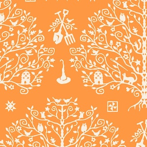 May include: A seamless pattern featuring white silhouettes of trees, birds, houses, and other whimsical elements on an orange background.