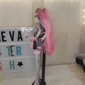 May include: A doll with long pink hair featuring blue streaks, wearing a patterned top and skirt, a small black and pink handbag, and pink platform shoes. The doll is positioned on a black stand in front of a light box displaying the text EVA TER H.