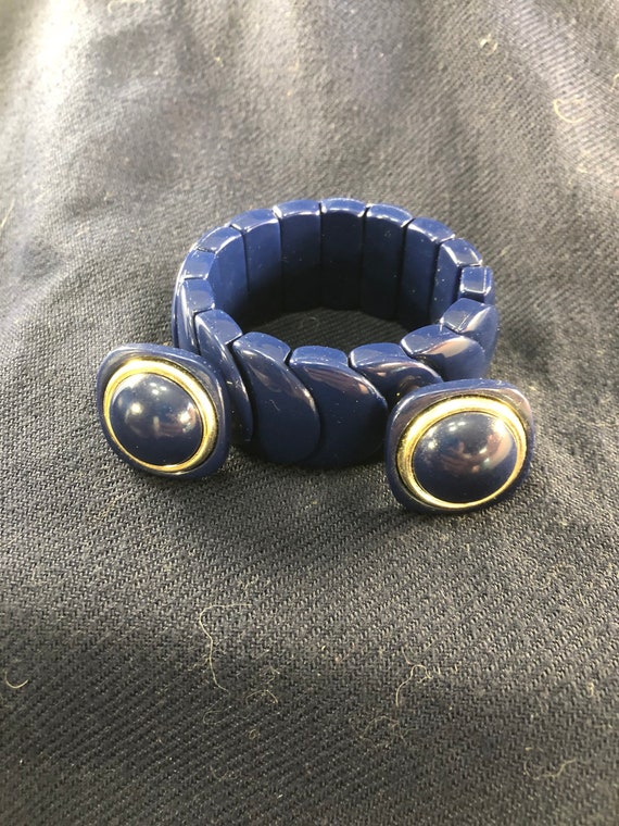 Vintage Blue Expandable Bracelet & Clip Earrings … - image 1