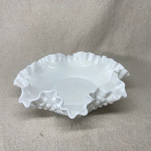 Fenton Hobnail White Milk Glass Double Crimped Ruffled Edge Bowl | 1960&#39;s | Fenton