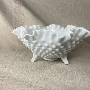 Fenton Hobnail White Milk Glass Double Crimped Ruffled Edge 3-Legged Bowl | 1970&#39;s | Fenton | Candy/Nut Dish