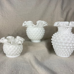 Fenton Hobnail White Milk Glass Vases with Ruffled Edges | Fenton Art Glass