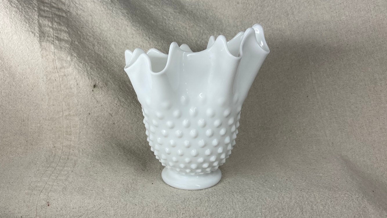 Fenton Hobnail White Milk Glass Handkerchief Footed Vase Etsy