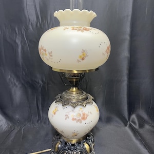 Vintage 21&quot; Tall Gone With the Wind Hurricane Table Lamp with 3-Way Light | Electric | Hand Painted fall Flowers Over Milk Glass Globe