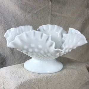 Fenton Hobnail White Milk Glass Double Crimped Pedestal Bowl | Fenton Art Glass | Circa 1960&#39;s