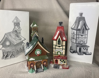 May include: A collection of miniature Christmas village buildings, including a church, bakery, and chapel. The buildings are detailed with snow-covered roofs and festive decorations. The bakery has the text "Rump's Bakery" on the front.