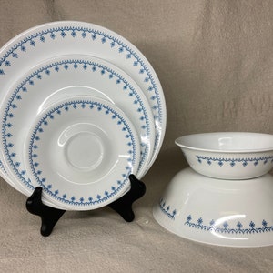 Vintage Corelle Snowflake Blue Dinnerware: Plates, Bowls, Serving Pieces