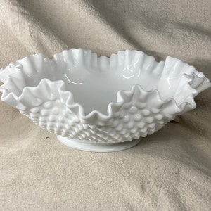 Large Fenton Hobnail White Milk Glass Double Crimped Ruffled Edge Bowl | Centerpiece | 1960&#39;s | Fenton