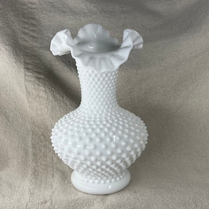 Large Fenton Hobnail White Milk Glass Vase Ruffled Edge | 1960's | Fenton Art Glass