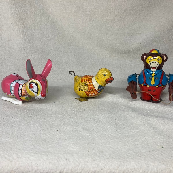 Tin Wind Up Toys | Pink Bunny | Yellow Chick | Monkey | Louis Marx & Co Inc | J. Chein and Company | Sold Separately