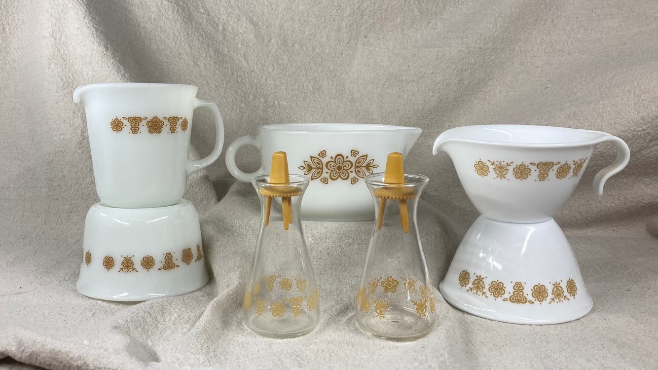 Vintage Corelle Butterfly Gold Salt Pepper Shaker Set by Corning Ware,  White and Yellow Decor