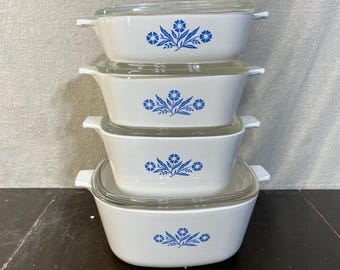 Cazuela vintage Corning Ware con diseño de aciano azul y tapa