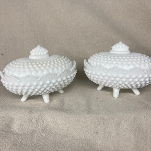 Vintage 5&quot; Tall Fenton White Hobnail Milk Glass Lidded Oval Candy Dish w/ Scalloped Rim | Candy Dish | Fenton Art Glass