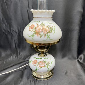 Vintage 14&quot; Tall Gone With the Wind Hurricane Table Lamp with 3-Way Light | Electric | Hand Painted fall Flowers Over Milk Glass Globe