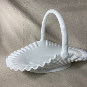 9” Tall Vintage Fenton Hobnail White Milk Glass Handled Basket with Double Crimped Edge  | Fenton Art Glass | Circa 1970&#39;s