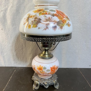 Vintage 17&quot; Tall Gone With the Wind Hurricane Table Lamp with 3-Way Light | Electric | Hand Painted fall Flowers Over Milk Glass Globe
