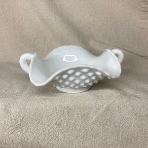 7&quot; Wide Vintage Fenton Hobnail Double Handled Candy Dish w/ Ruffled Edge | Scalloped Edge | Fenton Art Glass | Circa 1960&#39;s