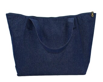 Tissu en coton de denim bleu, sac à bandoulière, sac à provisions, sac de plage, poche zippée interne et poche polyvalente