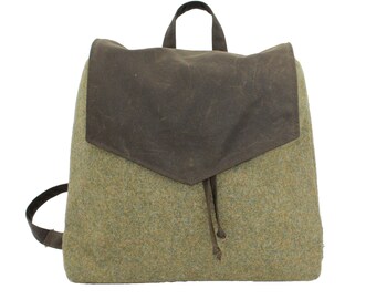 Moss Green British Tweed with Contrasting Waxed Cotton -  Backpack Handcrafted and Limited Edition