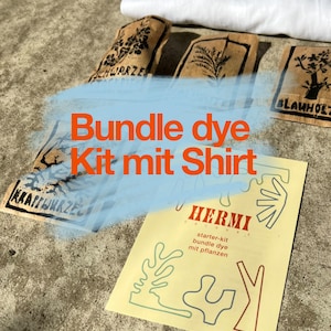 Könnte beinhalten: Ein Bundle-Färbe-Set mit einem weißen T-Shirt und Anleitungen zum Erstellen von Mustern mit Pflanzen. Das Set enthält ein Starter-Set, Bundle-Farbe und Pflanzen.
