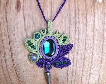 Macrame necklace, sapphire, necklace, macrame, handmade, leaves,sapphire, macramé, macrame necklace, handmade, choker, jewels
