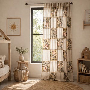 May include: A light-filled children's bedroom with a wooden bed, a framed sun illustration, and a patchwork curtain with floral patterns. A round jute rug sits on the floor. A small wooden house and a bookshelf are also visible.