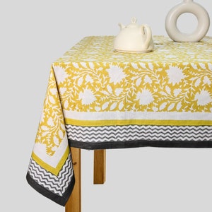 French Tablecloth Cover, Block Printed Tablecloth, Indian Table Linen, Floral Dinning ,Elegant Decoration, Yellow,  Rectangle Tablecloth