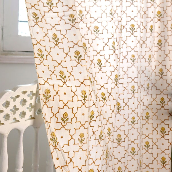 Block print curtains,Indian curtain panel,Bohemian Curtains,Floral,moroccan pattern,tender block print,cotton slub curtains,rust yellow