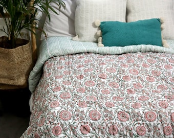 Indian Reversible Quilts-Jaipuri Razai-Soft Quilt Hand Block Print Bedcover- Jaipuri Famous -Queen size Quilt-Cotton Quilt sale-Quilt Gift