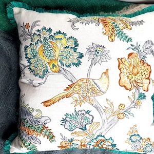 chintz throw pillow for couch,bird pillow,green brown,18x 18,hand made,chic cushion covers,100% cotton,Boho cushion,hand paint,decorative image 1