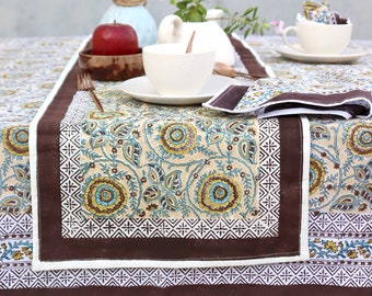 Wine blue beige Indian Floral Hand Block Printed Cotton Cloth Table Runner for Wedding Events Home Décor Party Garden Picnic Table runner