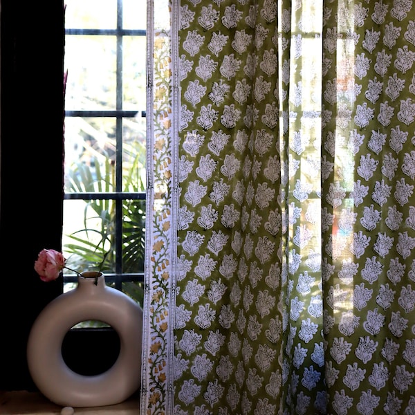Block print curtains| Indian Sheer curtain| Bohemian Curtains| Green Tropical| Floral curtains| Tender block print| cotton curtains| Beach