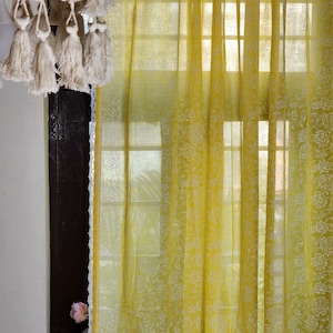 Block printed sheer curtains/Voile curtains/Sheer panels/Indian Hand made curtain/Curtain panels/Bohemian curtains/les Rideaux/yellow -white