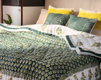 Indian Reversible Quilts-Jaipuri Razai-Soft Quilt Hand Block Print Quilt- Jaipuri Famous Quilt-Queen size Quilt-Cotton Quilt sale-Quilt Gift