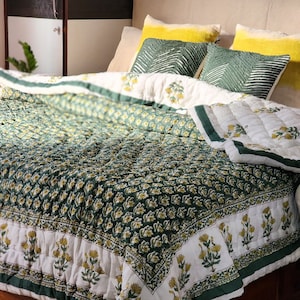Hand Block Print Cotton Quilt: Indian Reversible Jaipuri Razai