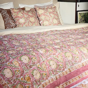 Hand Block Print Queen Quilt: Peach Yellow Floral Kantha Blanket