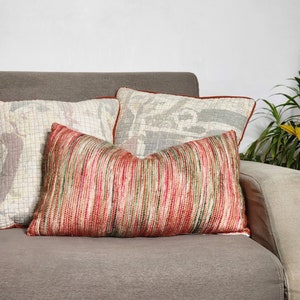 Handloom Lumbar Pillow Cover: Red Pink Grey Woven Boho Cushion