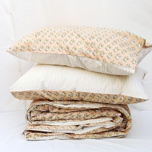 Yellow beige color hand block print duvet cover, reversible cotton quilt cover, blanket cover, Indian duvet, comforter cover,bedding,Stripes