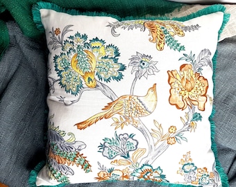 Chintz Dekokissen für Couch,Vogel Kissen,grün braun,45 cm x 45 cm,handgemachte,chic Kissenbezüge,100% Baumwolle,Boho Kissen,handbemalt,dekorativ