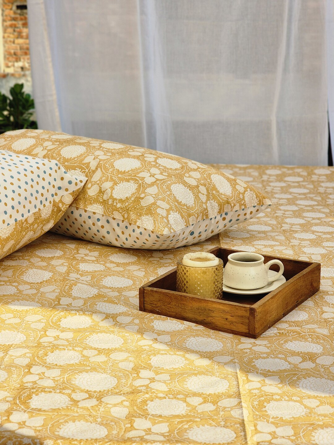 Beige Floral Block Print Sheet Artisan-made Coverlets Indian Prints ...