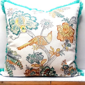 chintz throw pillow for couch,bird pillow,green brown,18x 18,hand made,chic cushion covers,100% cotton,Boho cushion,hand paint,decorative image 7