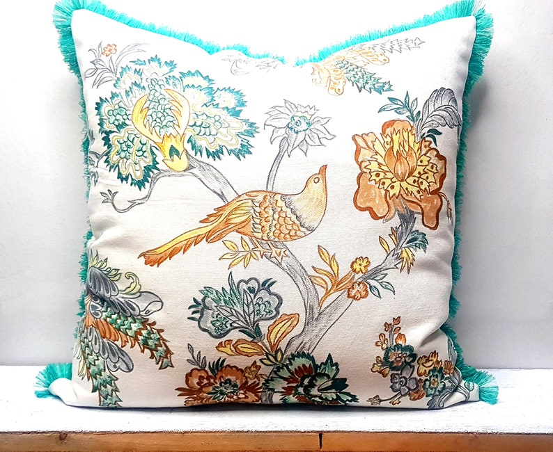 chintz throw pillow for couch,bird pillow,green brown,18x 18,hand made,chic cushion covers,100% cotton,Boho cushion,hand paint,decorative image 7