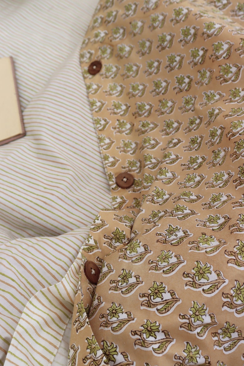 Gelb beige Farbe Hand Block Print Bettbezug, Baumwoll Bettbezug, Wendedecke, Bettbezug, Indische Bettbezug, Tröster Bezug, Streifen Bild 4