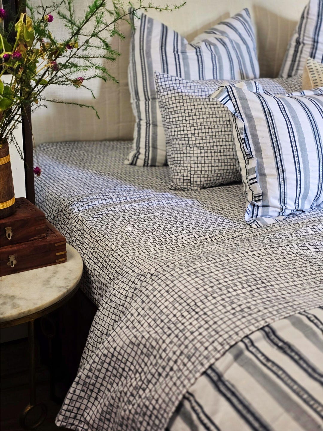 Hand Block Print Cotton Sheet Set Blue Check King Size Etsy