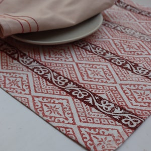 Block Printed Cotton Placemat Set: Peach Floral Stripes