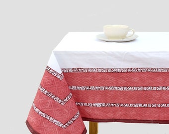 Indian Block Printed table Cloth|Broad border Table Cloth|Farmhouse Tablecloth|Wedding Events Home Party Gifts|Table Linen Set| Wine-peach